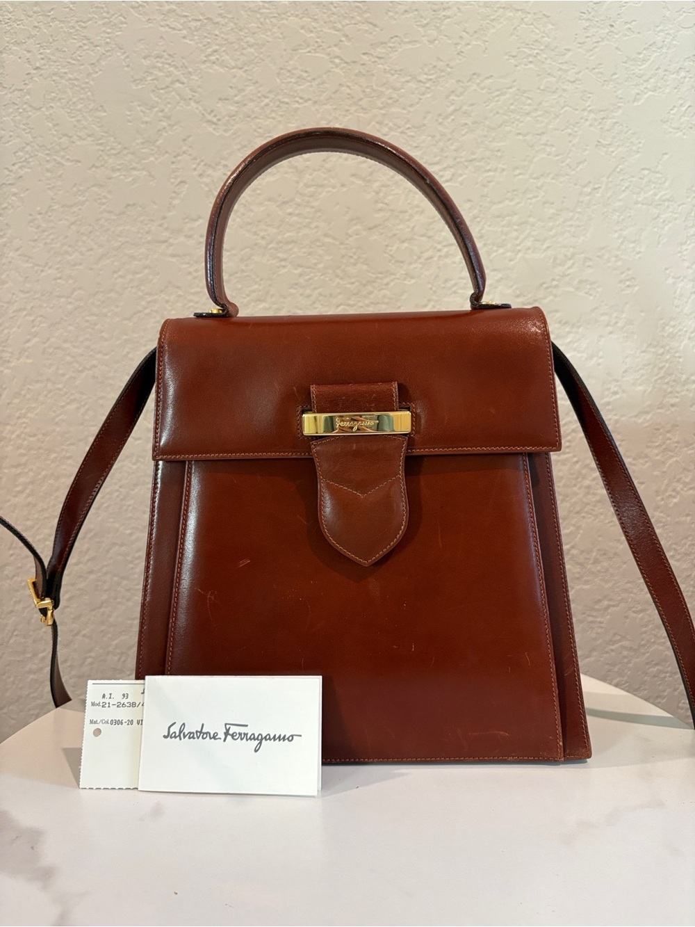 Salvatore Ferragamo Chestnut Brown Leather Structured  Crossbody Satchel Bag